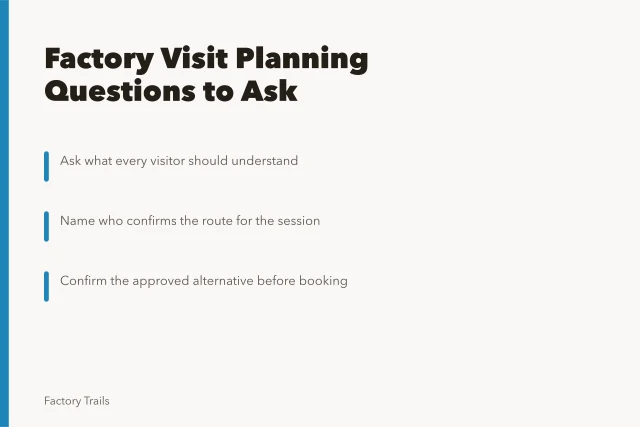 Card listing factory visit planning questions and route confirmation steps. Working factory visit planning questions to ask before you compare routes