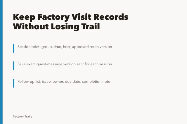 Card listing five factory visit planning records to keep. How to keep working factory visit planning records without losing the trail