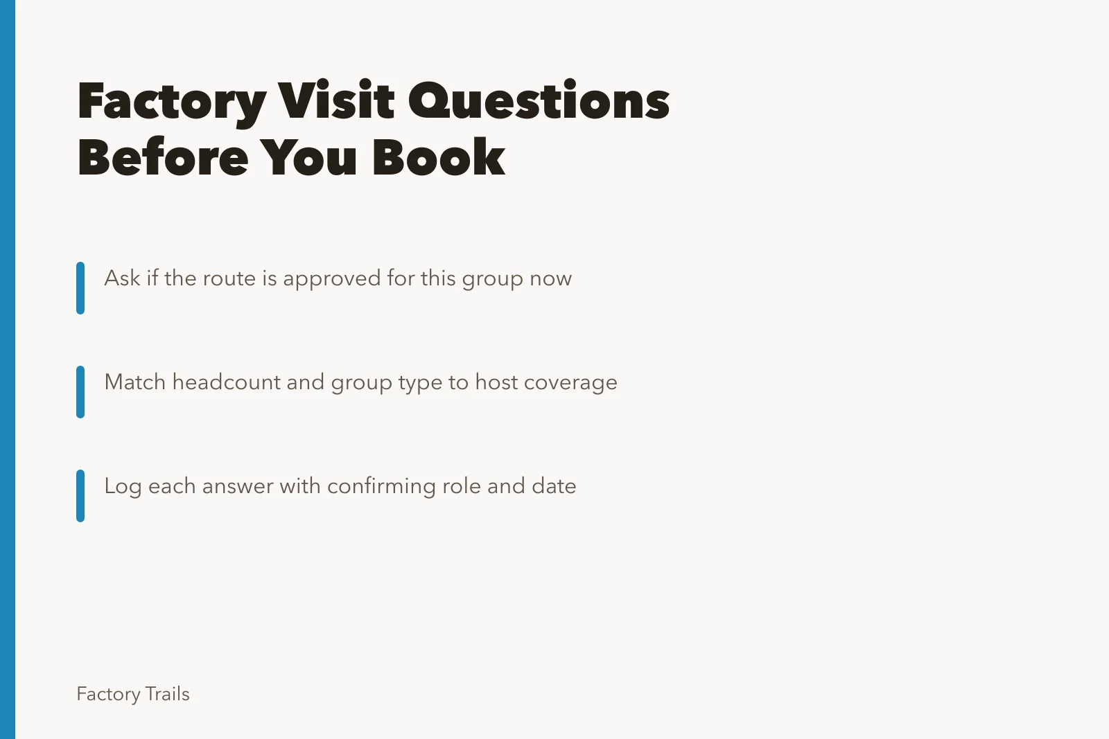 Checklist card for comparing factory visit routes before booking. Working factory visit questions to compare routes before you book