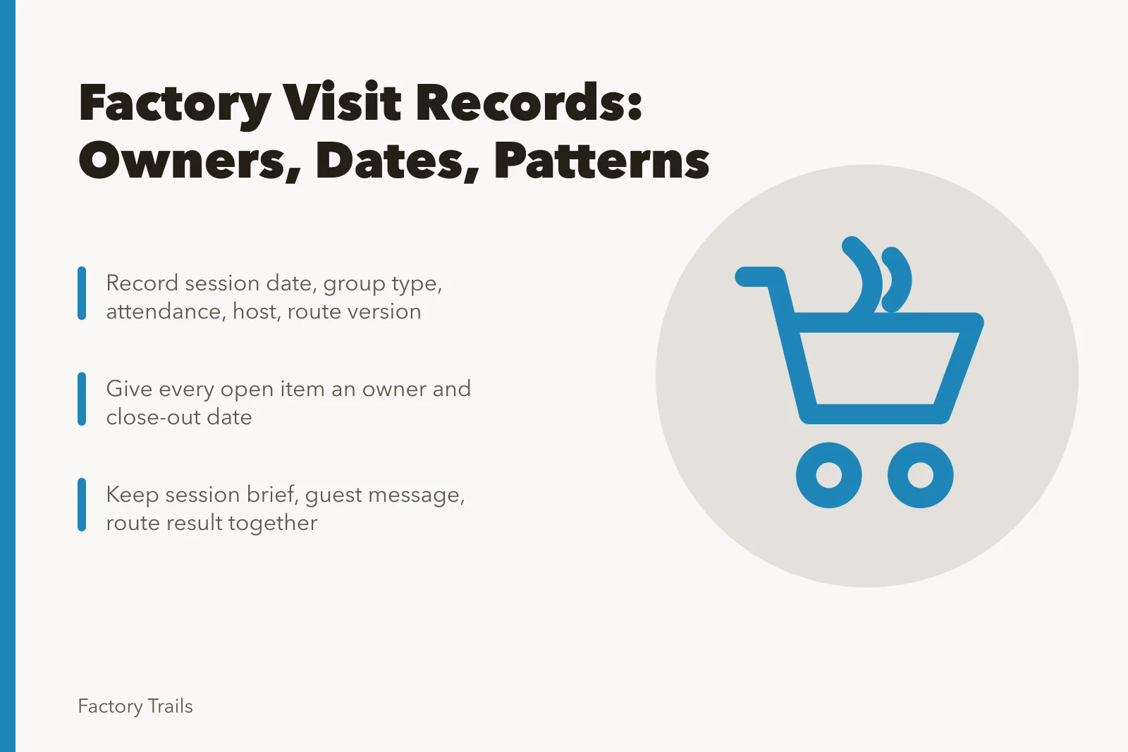Guide card for documenting factory visit records with owners and dates. Working Factory Visit Records Guide for 2027