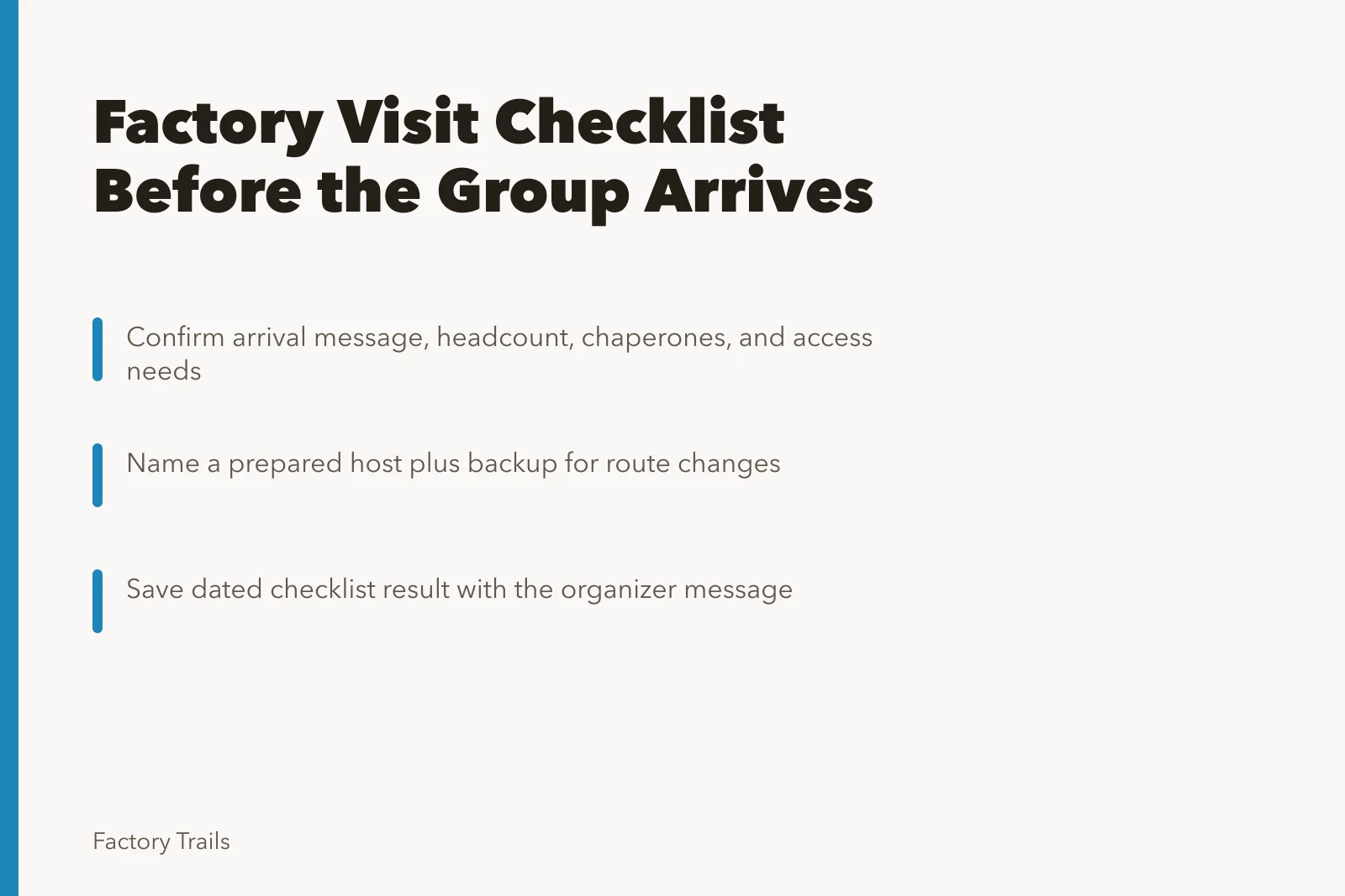 Checklist card for confirming factory visit details before groups arrive. Working factory visits checklist: what to confirm before the group arrives