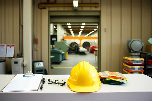 Factory visitor check-in desk with badges, safety glasses, and hard hat at plant entrance. How working factory visits fundamentals shape your visitor promise