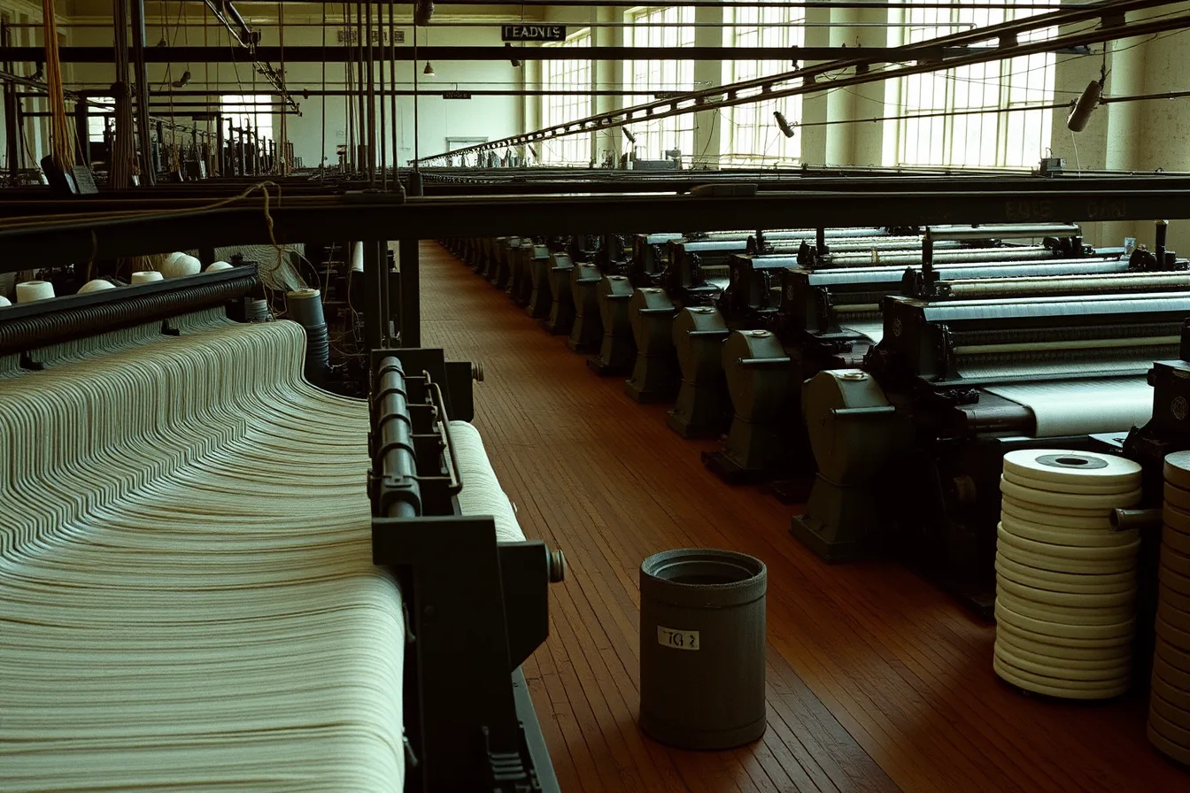 Rows of power looms weaving wool cloth on a working textile mill floor. Are any working textile mills open for tours in New England?