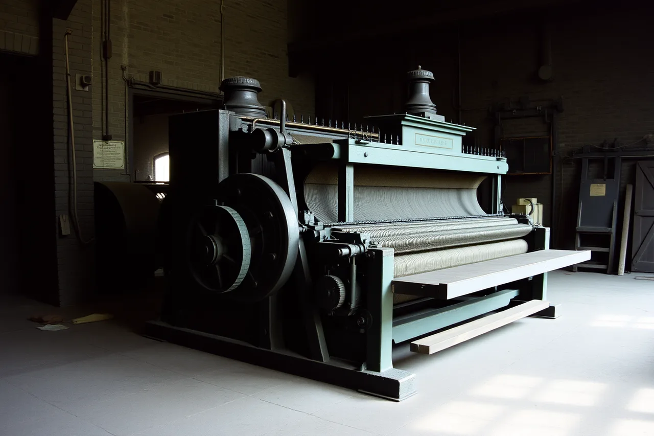 Whole historic machine photographed square on in a dark mill interior (Manufacturing museums defeat automatic exposure: shoot three frames per machine)
