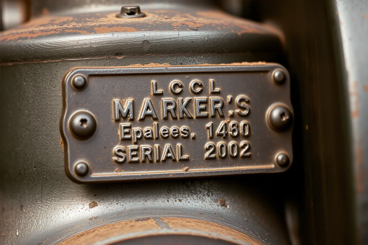 Cast maker's plate on a machine showing name, place, date and serial number (Manufacturing museums defeat automatic exposure: shoot three frames per machine)