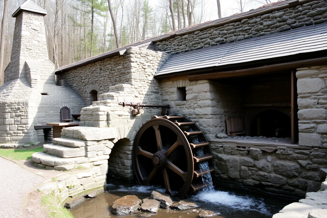 Reconstructed 17th-century iron furnace and waterwheel at Saugus (Factory tours itineraries work best on one pairing: a plant and its historic twin)