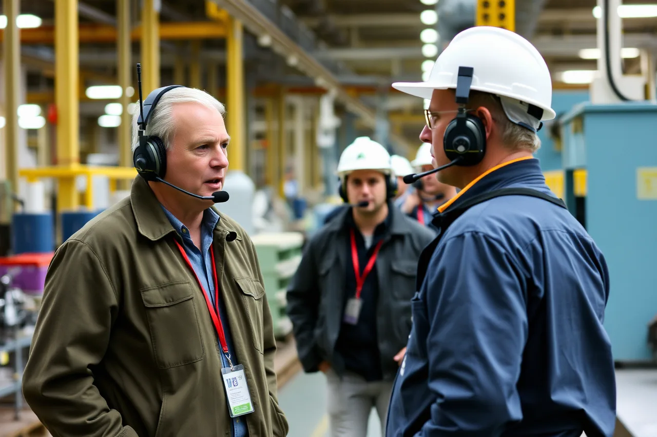 Guide and visitors wearing radio tour headsets in a loud plant (Do route, noise and stairs decide how accessible a factory tour really is?)
