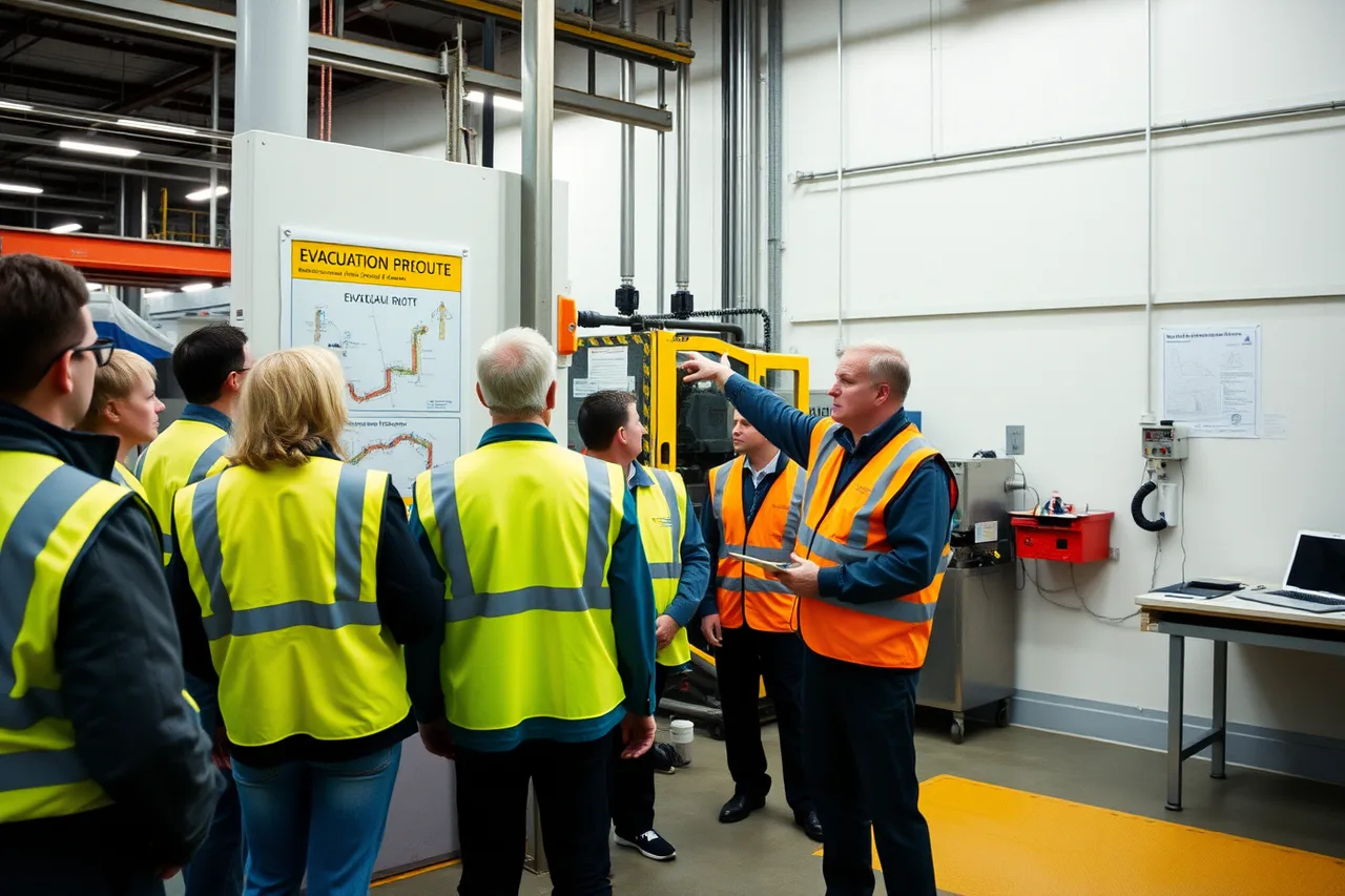 Visitors in high-vis vests at a factory safety briefing beside machinery (Safety inductions come first: the key to accessible working factory visits)