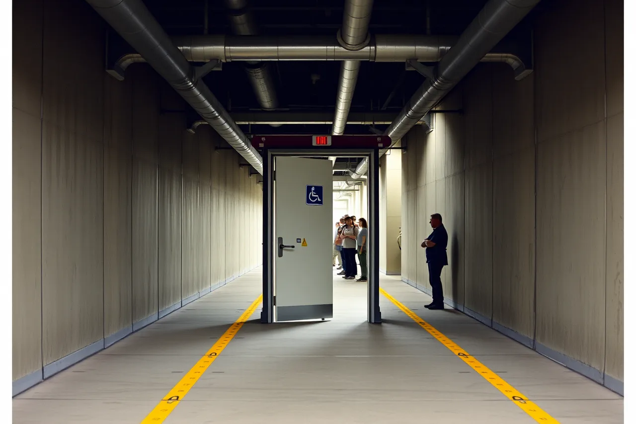 Accessible restroom door at the end of a long factory corridor (Safety inductions come first: the key to accessible working factory visits)