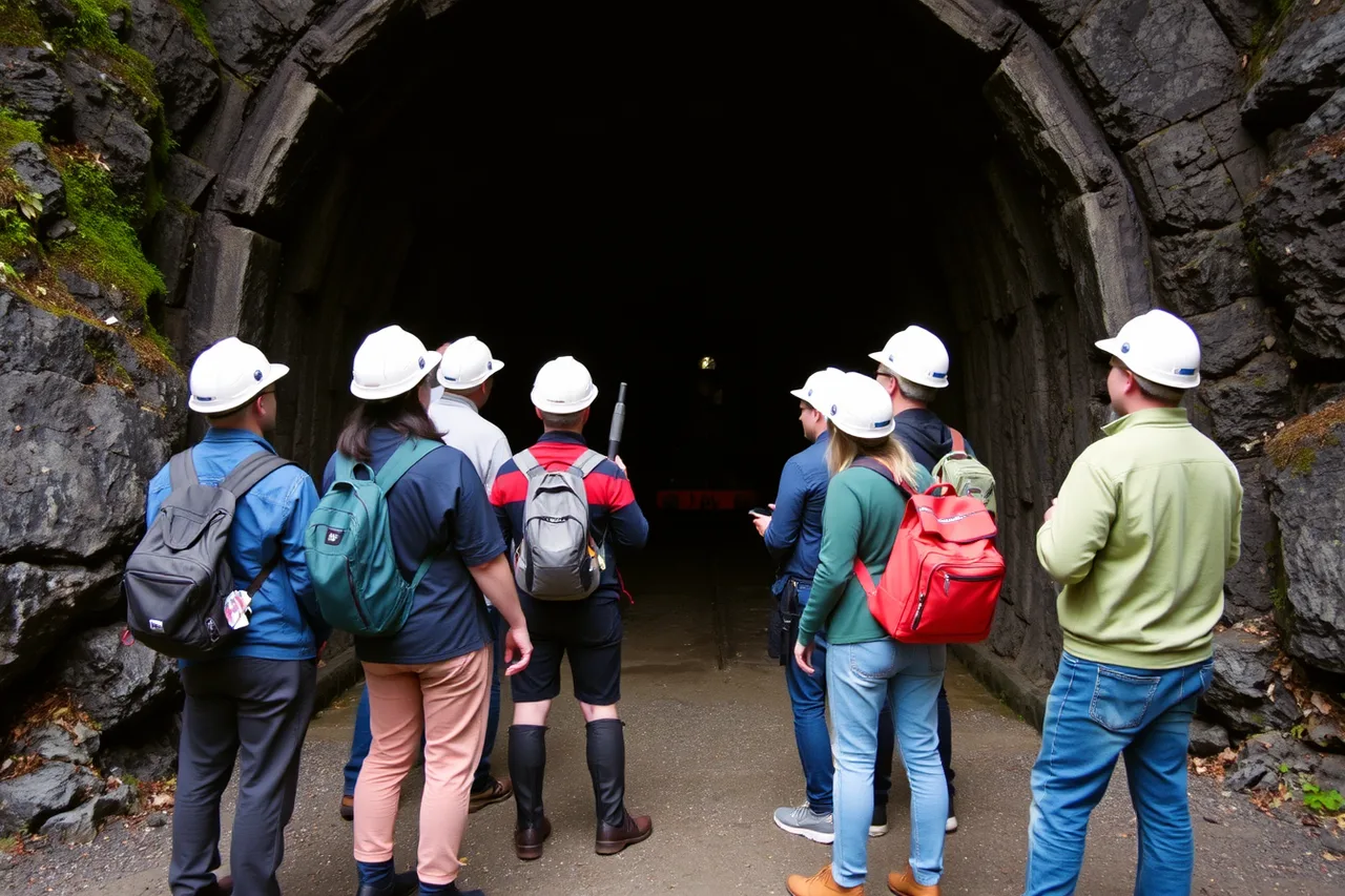 Visitors in hard hats at the mine tunnel portal (How to book a Britannia Mine Museum underground tour in BC)