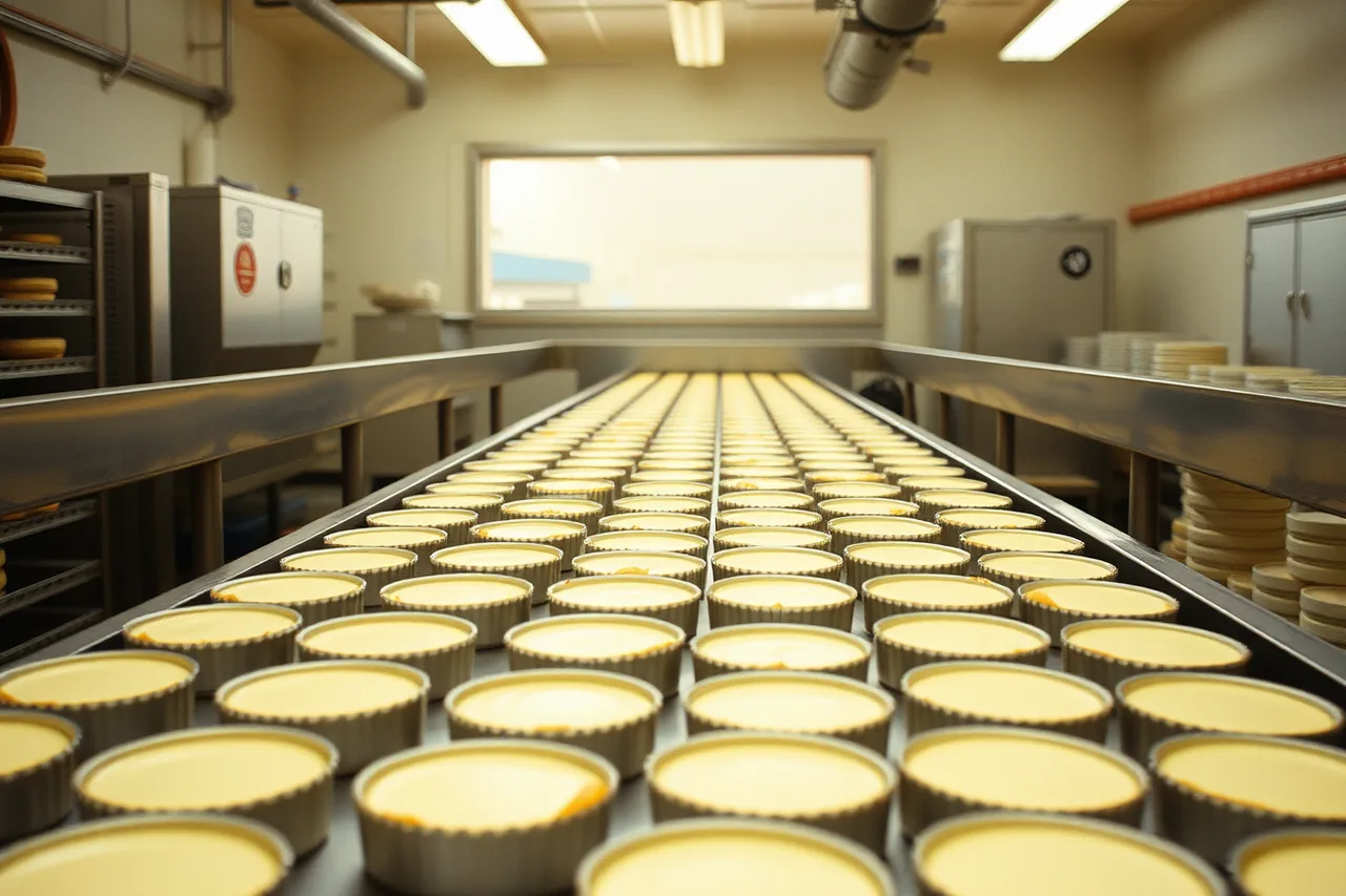 Visitors watching cheesecakes move along the line behind glass (Chicago's Pullman National Monument and rail plant tours)