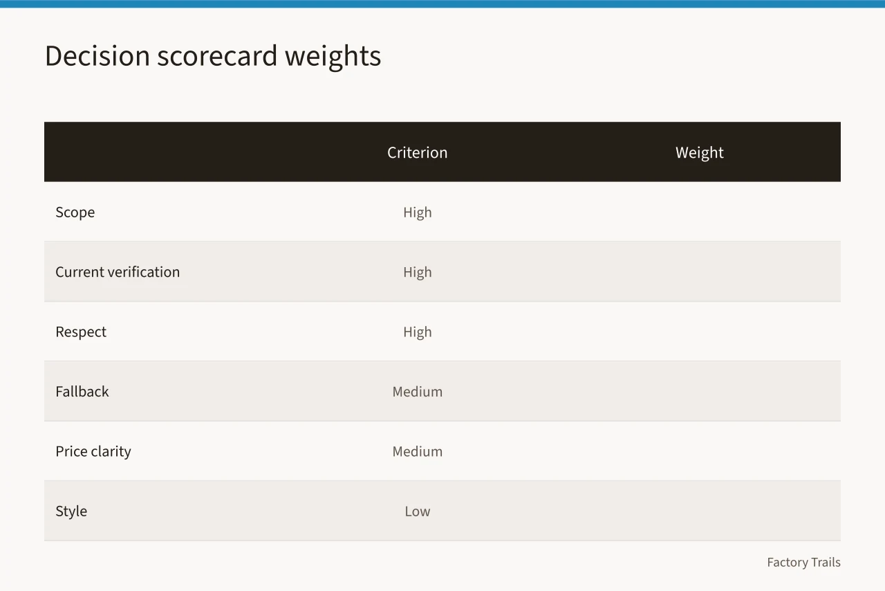 Scorecard listing six provider criteria with high, medium, or low weights (How to pick an industrial heritage travel provider for 2027)