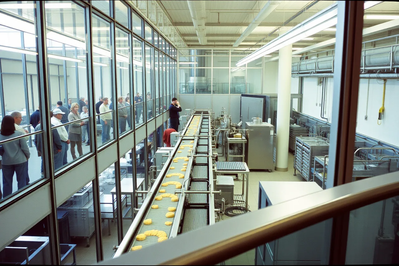 Visitors watch a running production line from an elevated glass gallery (Real process shown, compared with polish, is how factory tour experiences should be judged)