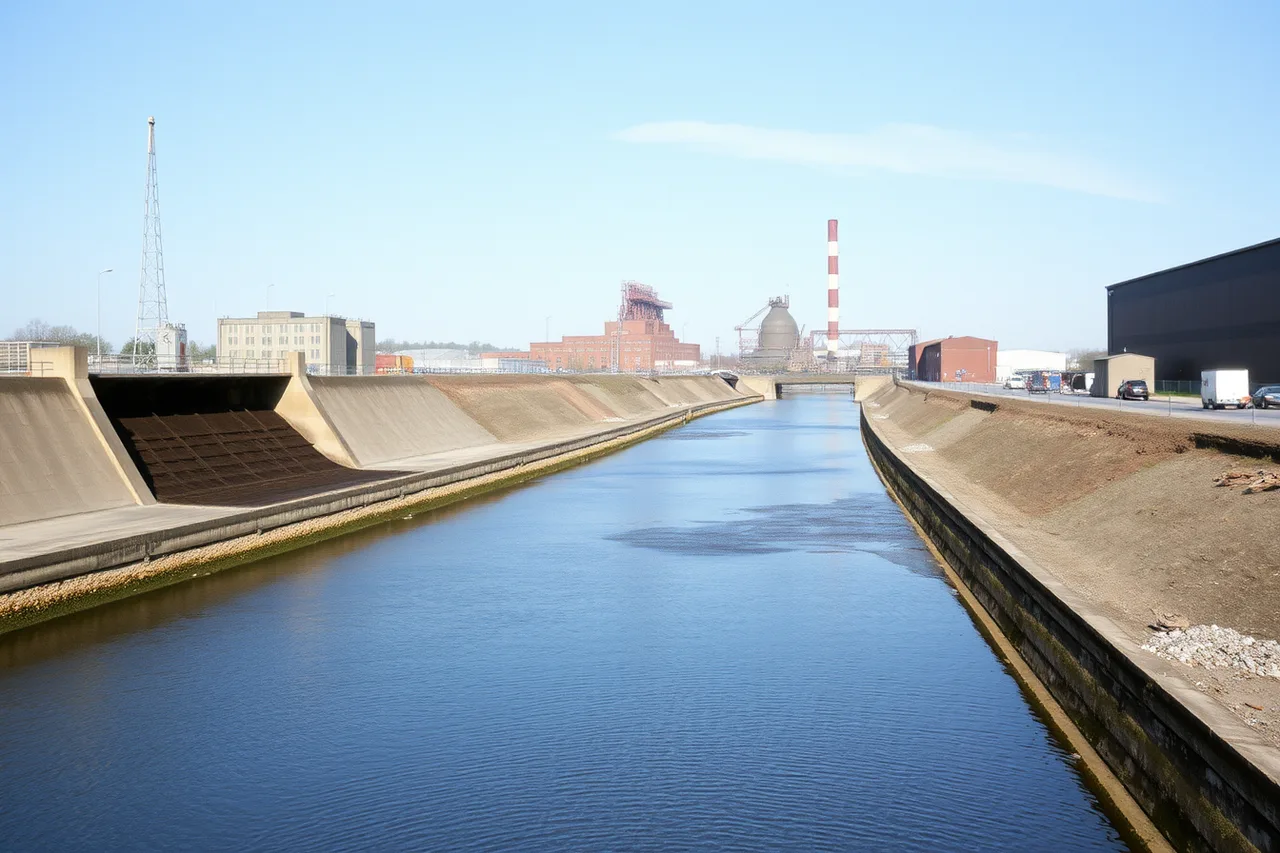 River intake upstream and outfall downstream of a factory (Rivers and harbors explain the rule: where factory tour experiences detours belong)