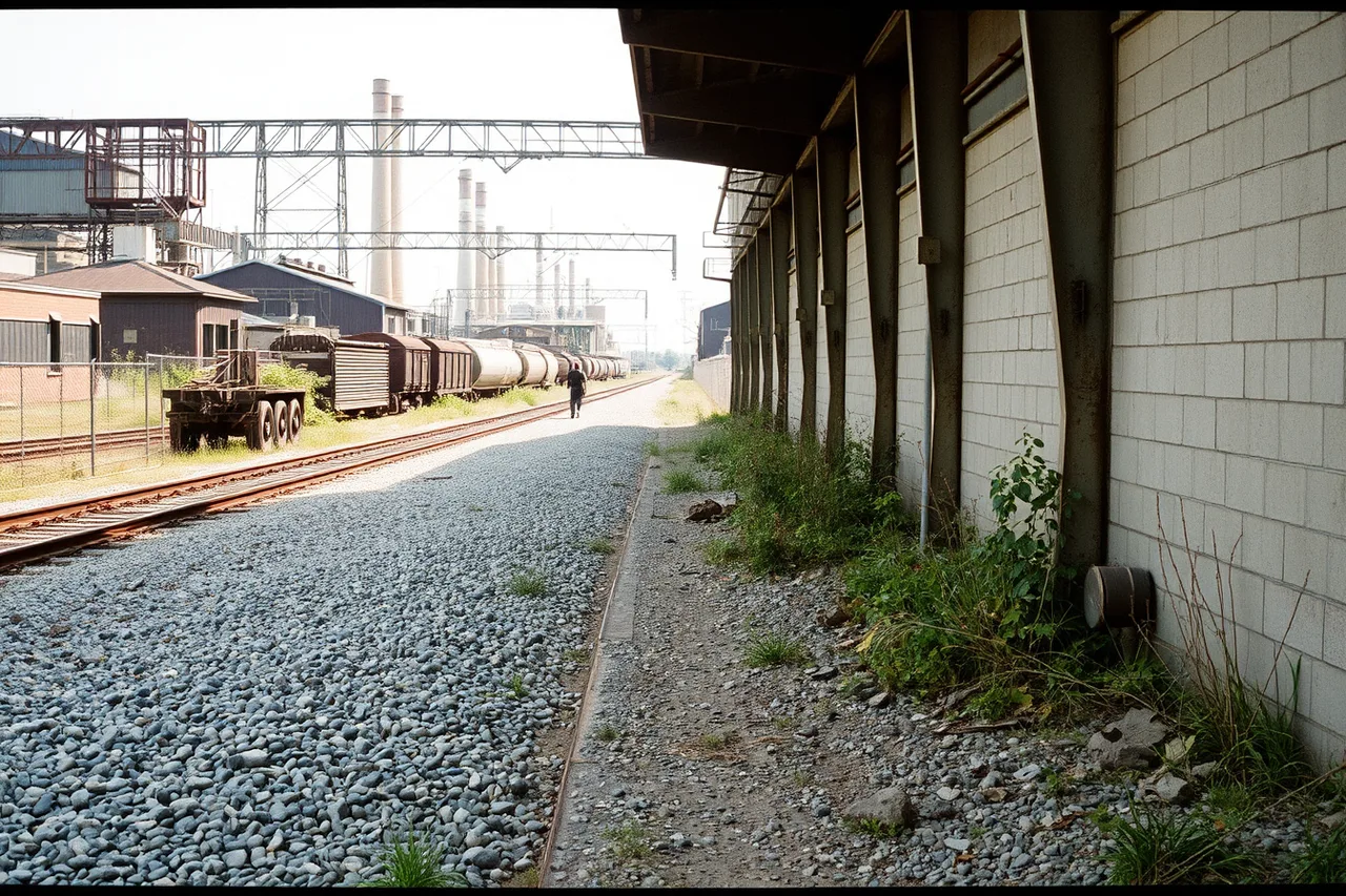 Rail trail passing the service side of a factory (Rivers and harbors explain the rule: where factory tour experiences detours belong)