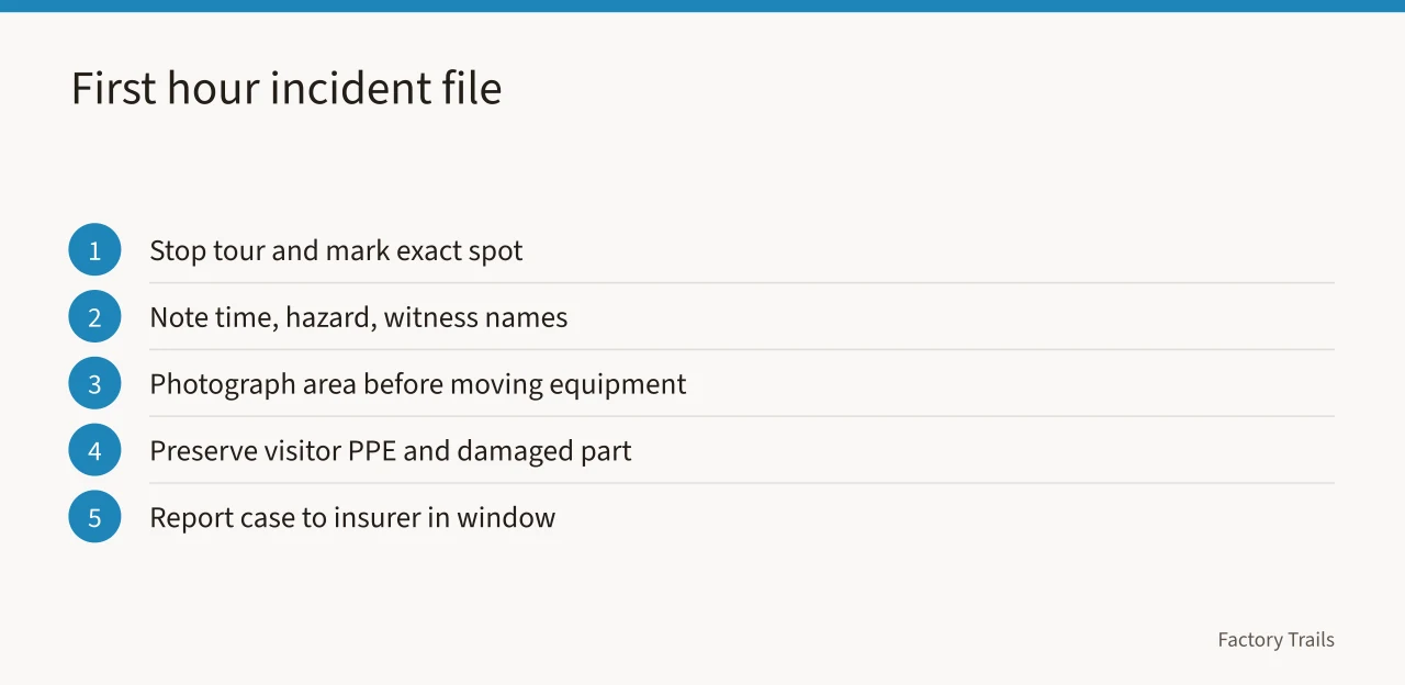 Five-step checklist for documenting a factory tour injury in the first hour (Factory tour safety records after an incident: what U.S. operators keep)