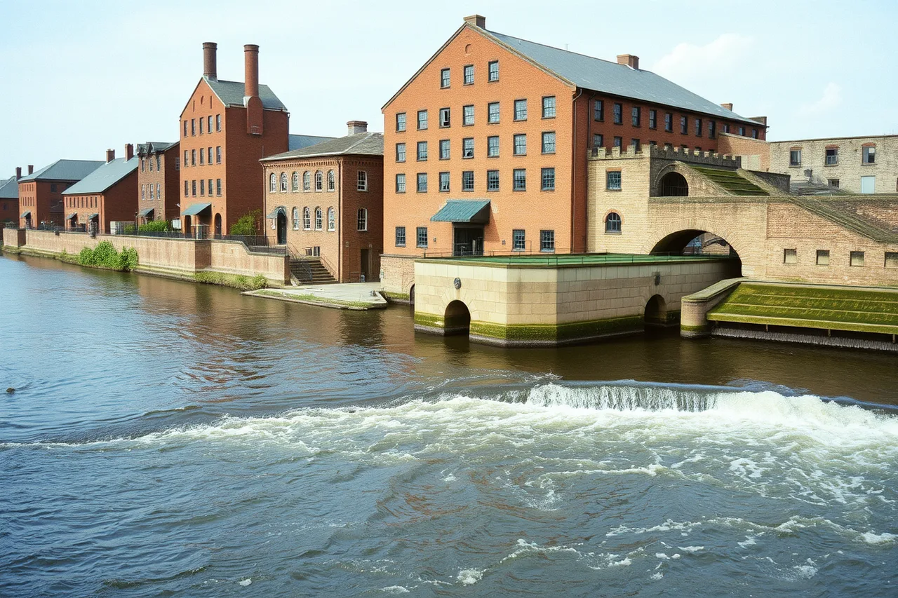 River corridor with brick mill buildings and a dam along the bank (7 lessons from factory trail case studies)
