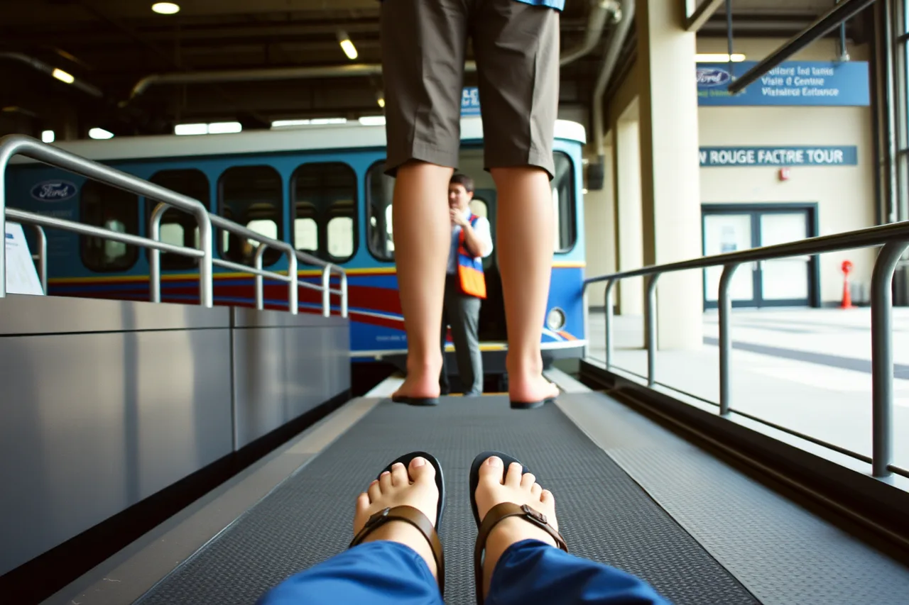 Visitor in open-toed sandals stopped at Ford Rouge tour boarding area (Ford Rouge Factory Tour rules are stricter than most auto plant visits)