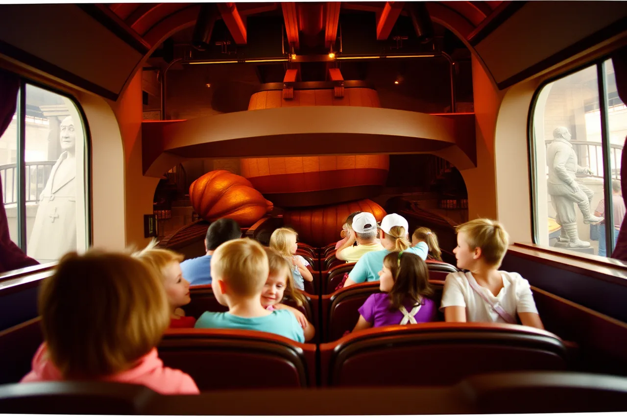 Ride car of visitors entering a simulated chocolate factory scene (Hershey's Chocolate World or the real factory tour: which is worth your time?)