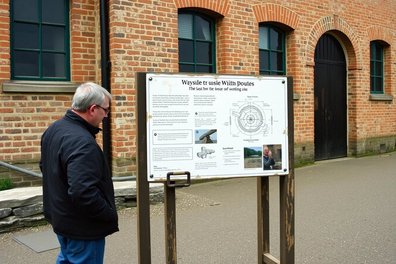 Wayside panel in front of a brick mill building (Why do two years of argument sit behind every industrial interpretation panel?)