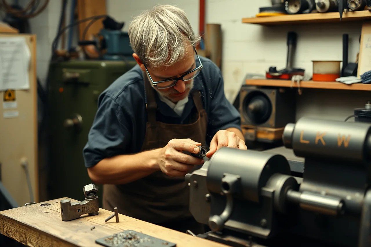 Machinist turning a replacement part on a manual lathe in a workshop (Machine time and materials matter more to manufacturing museums, compared with money)
