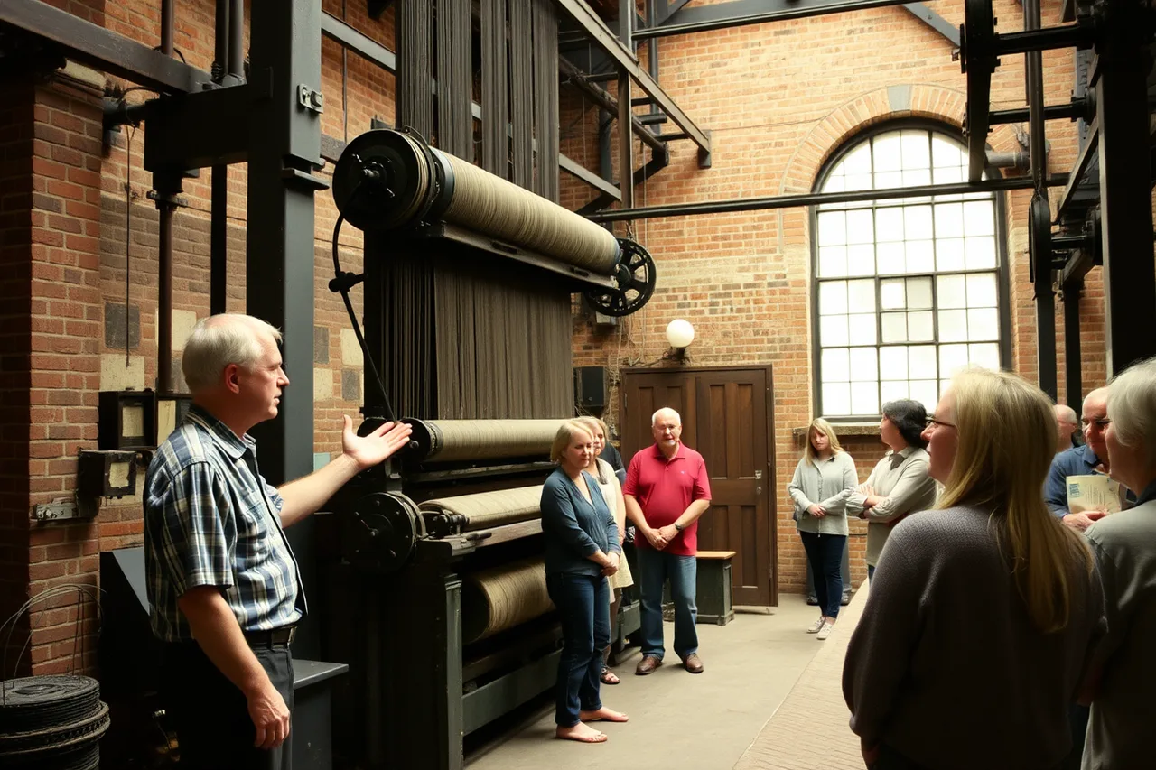 Volunteer guide showing visitors a historic textile loom in a mill (Volunteer programs: where most industrial tour guides start out)
