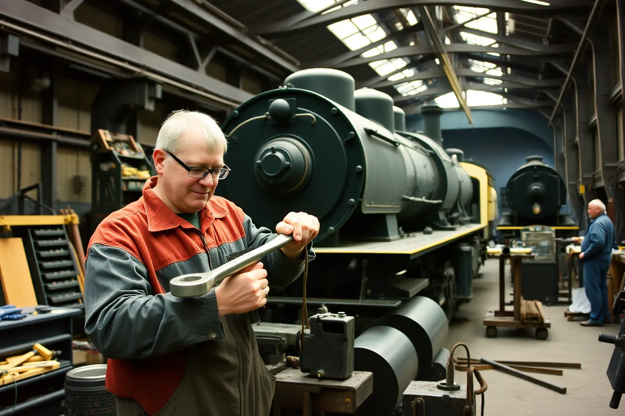 Volunteer repairing a steam locomotive inside a railway shop (Volunteer programs: where most industrial tour guides start out)