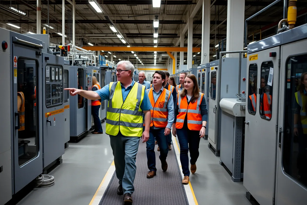 Instructor leads students along a factory walkway past running machines (How to find working factory visits guides through technical college instructors)