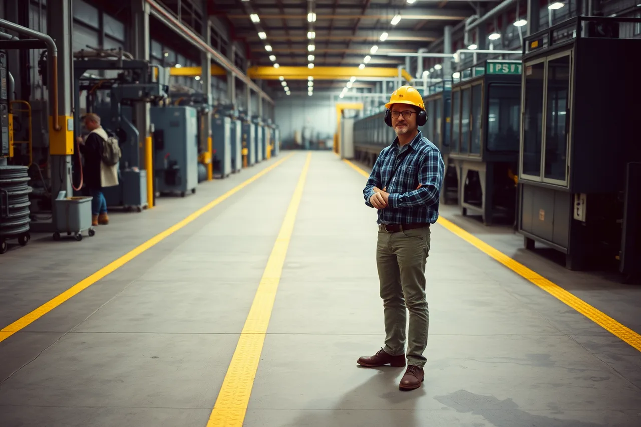 Visitor in protective equipment standing still on a concrete factory floor (One factory tour a day, compared with a packed schedule, wins every time)