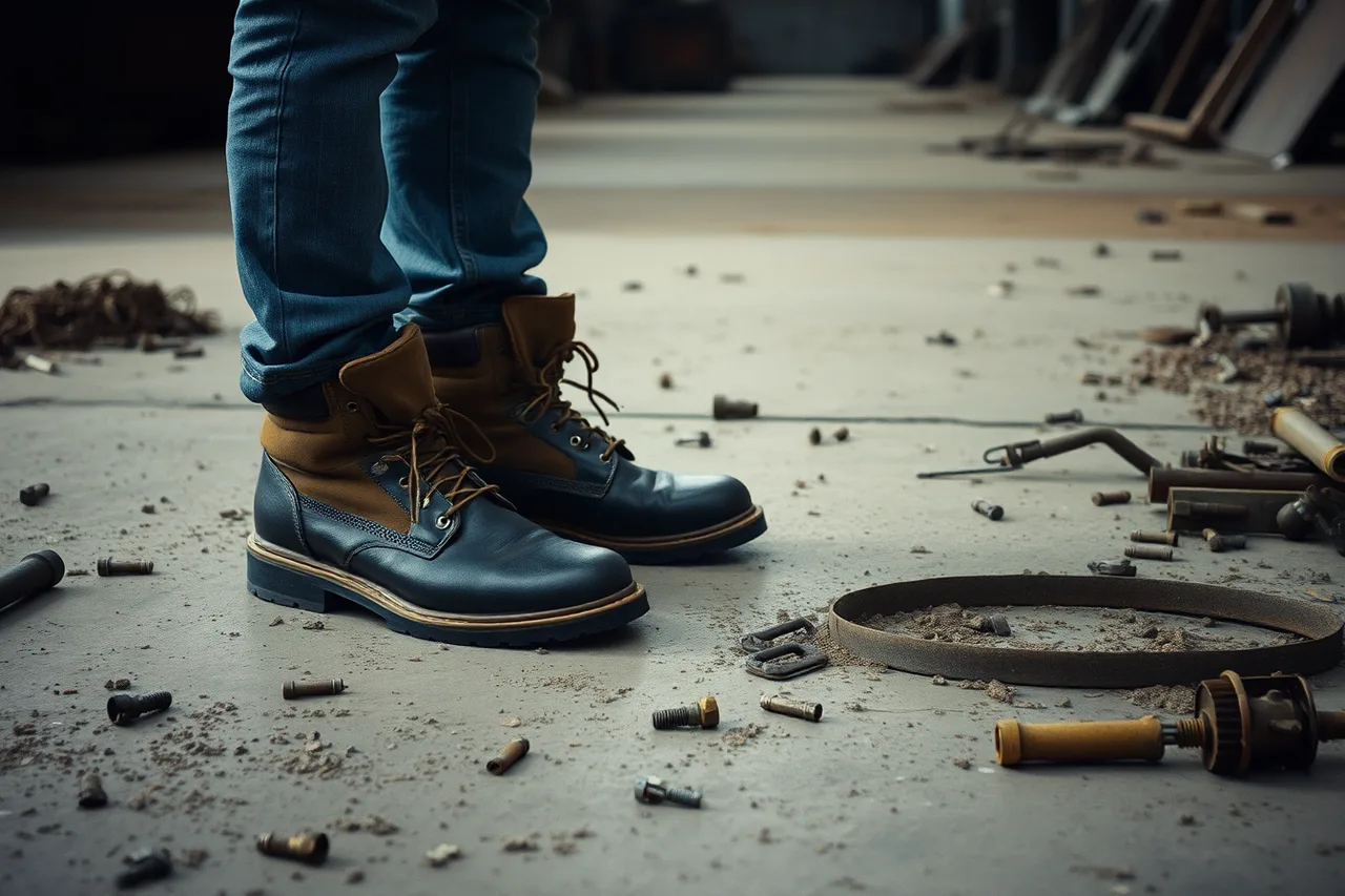 Sturdy closed-toe boots on a gritty factory floor with metal swarf (6 takeaways on industrial heritage travel)