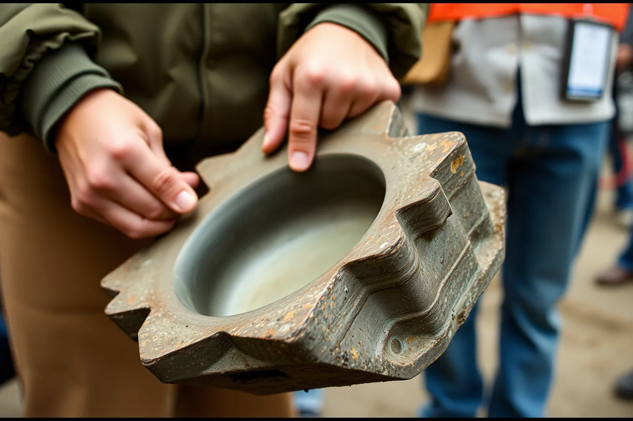 Visitor's hands holding a heavy cast metal component on a tour (8 points worth checking on industrial site interpretation)