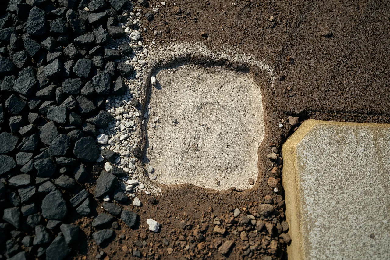 Dark slag, clinker and ash layers exposed in industrial ground (Industrial site interpretation rated on what actually matters)