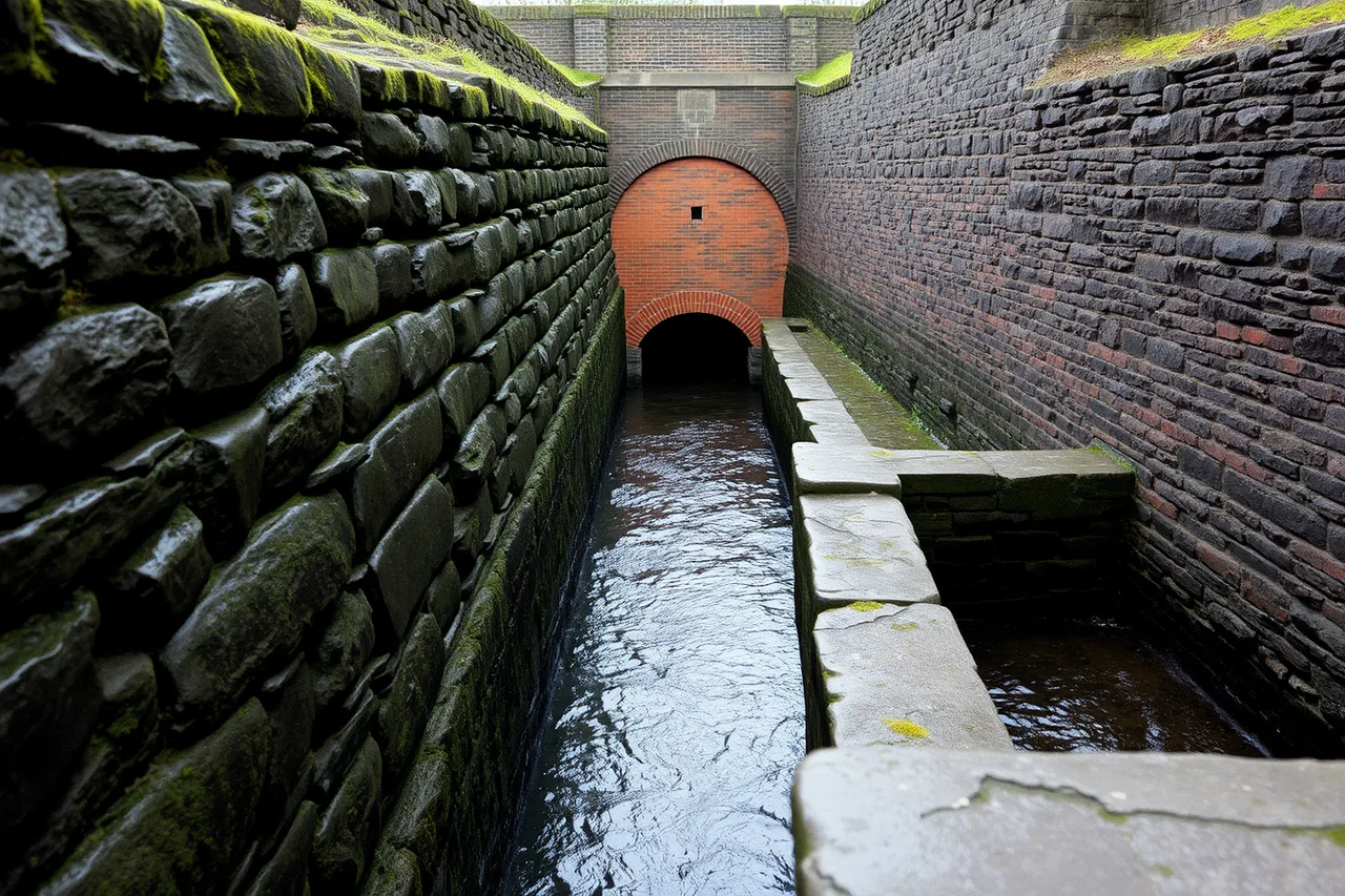 Stone water channel leading into a brick-lined wheel pit (Industrial site interpretation rated on what actually matters)
