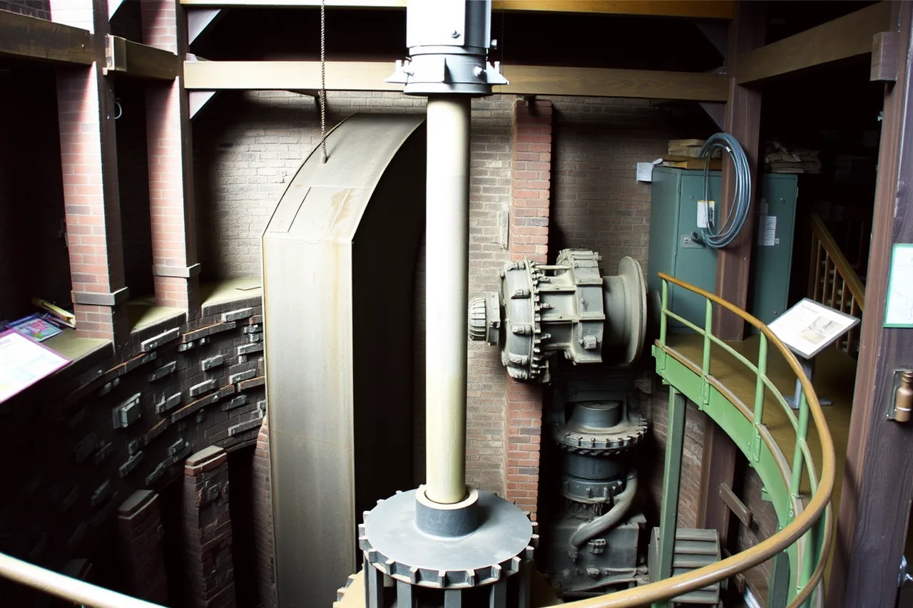 Suffolk Mill turbine in its pit with drive shaft and flume (A guide to Lowell National Historical Park cotton mill tours)