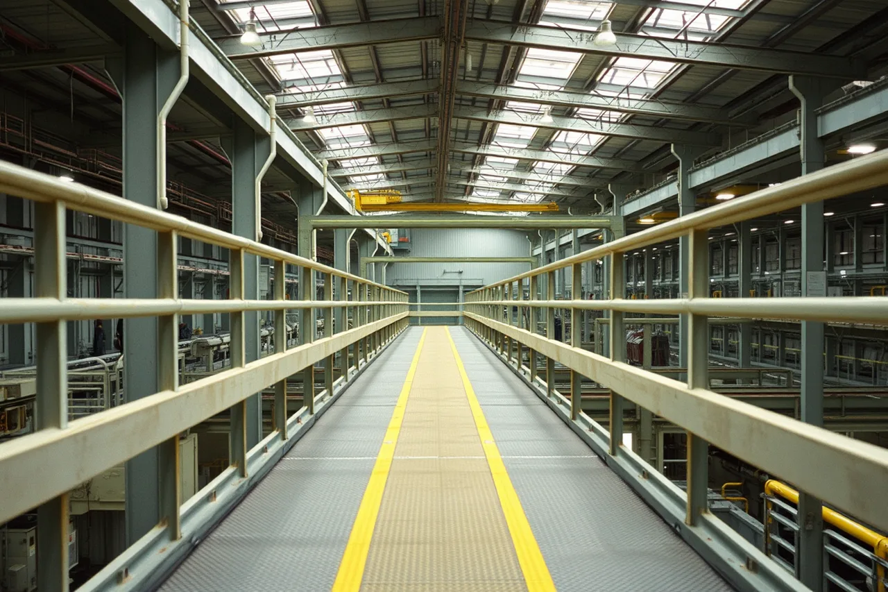 Elevated factory catwalk with handrails, toe boards and painted walk line (How OSHA rules shape visitor access on working factory floors)