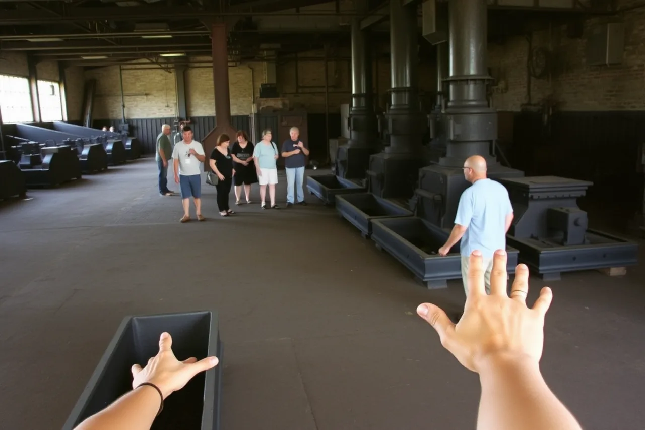 Visitors touching iron troughs at Sloss Furnaces (Pittsburgh vs Birmingham steel heritage trails compared)