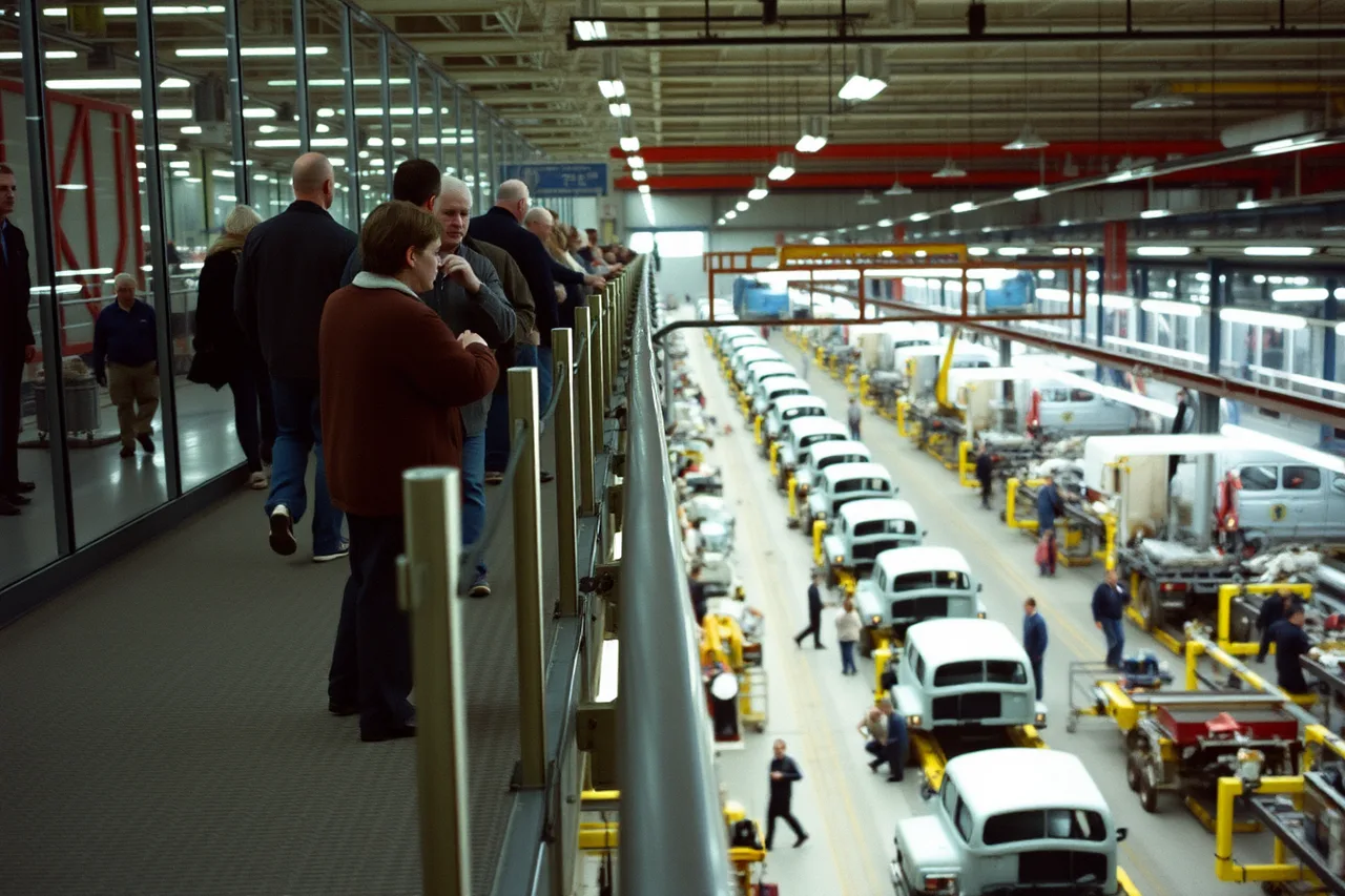 Visitors on elevated walkway above Ford Dearborn Truck Plant assembly line (State factory tour waivers compared across Pennsylvania and Michigan)