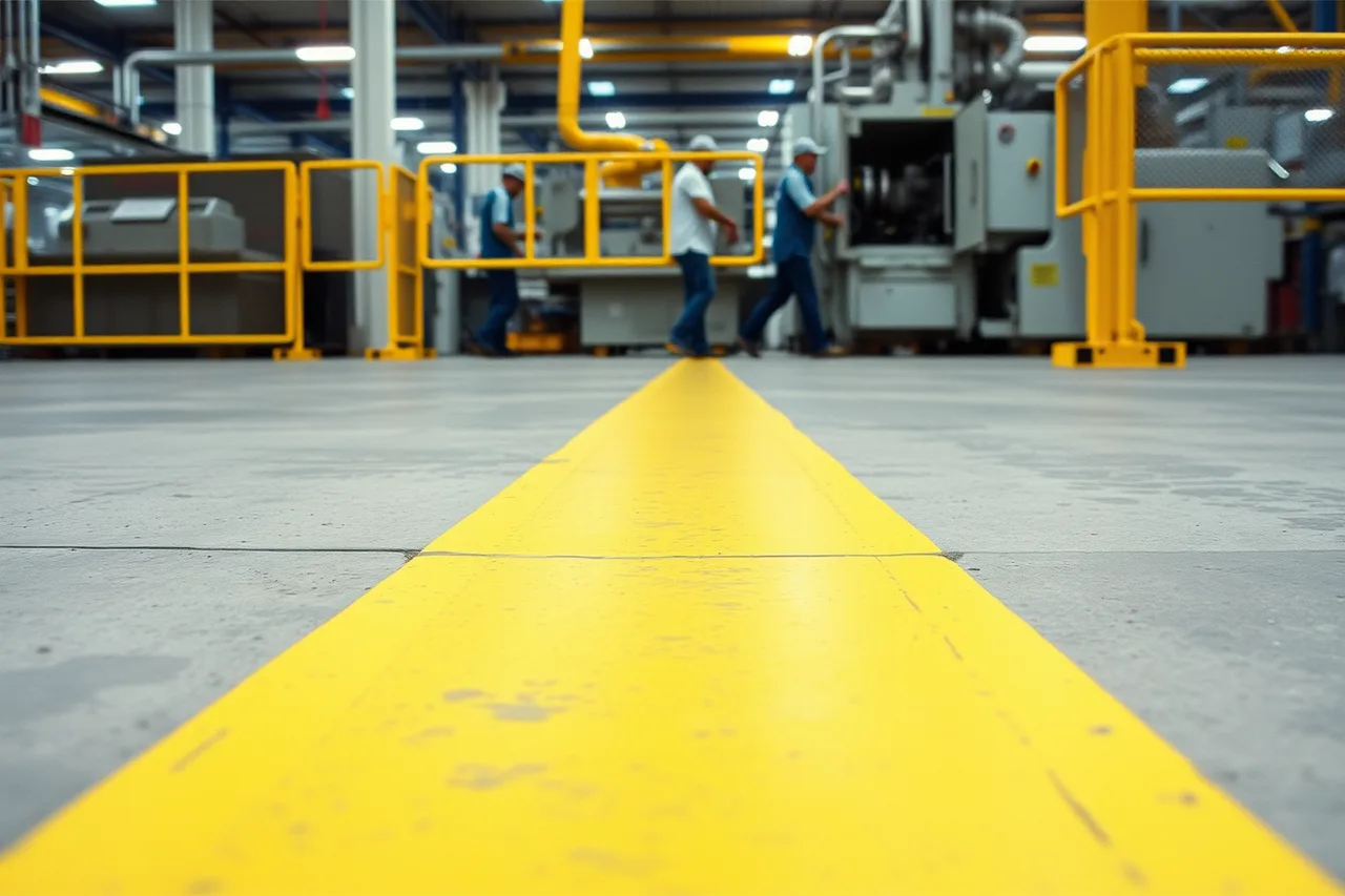 Yellow safety line on factory floor beside running machinery (Treating a factory tour like a sightseeing attraction causes most visitor mishaps)