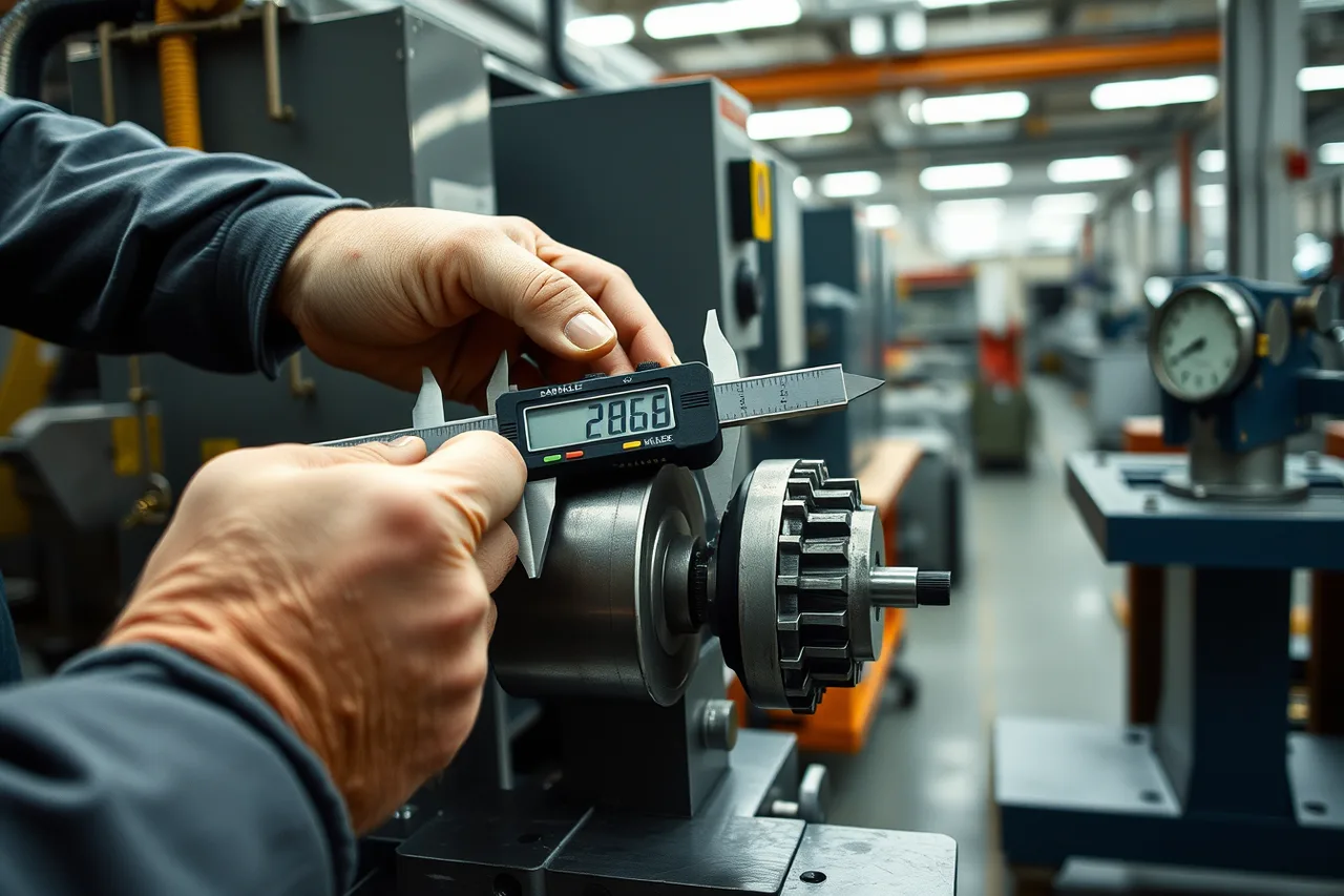Worker using a digital caliper on a machined part at a factory check station (Measurement gauges hide in plain sight on working factory visits)