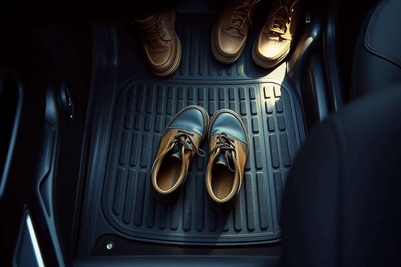 Spare closed shoes on a car footwell floor mat (Two packed items prevent most gate refusals on a factory tour outing)