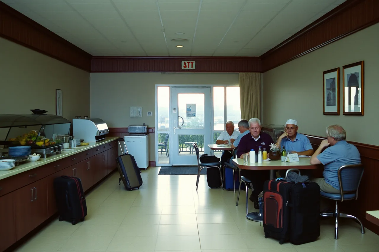 Early hotel breakfast set out for a tour group before departure (Departure points near an industrial tour operator matter more than plant locations)