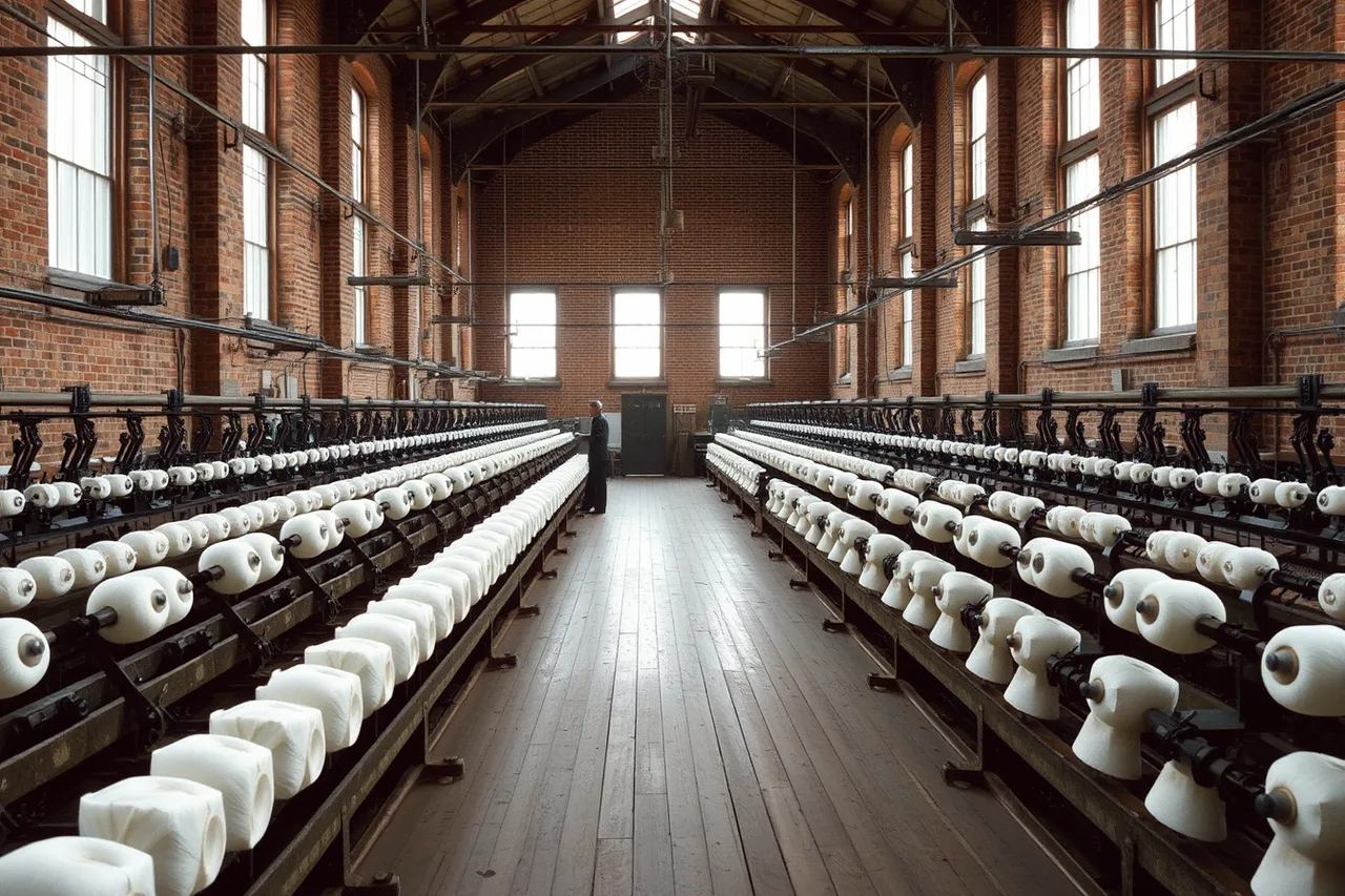 Rows of spinning frames running on a working mill floor (Are any working textile mills open for tours in New England?)